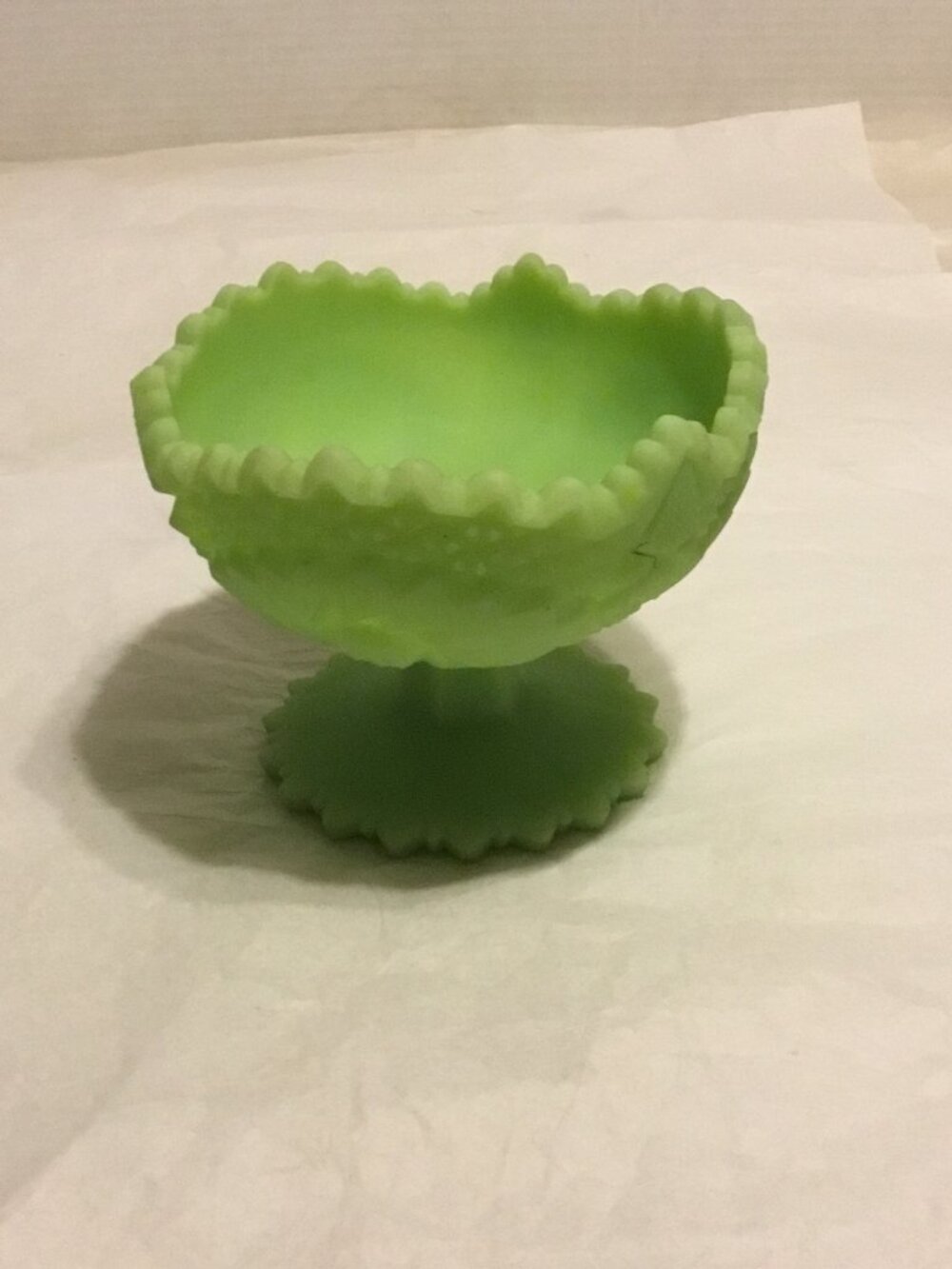 Fenton Mid-Century Modern Lime Green Satin Glass Pedestal Bowl - very lovely